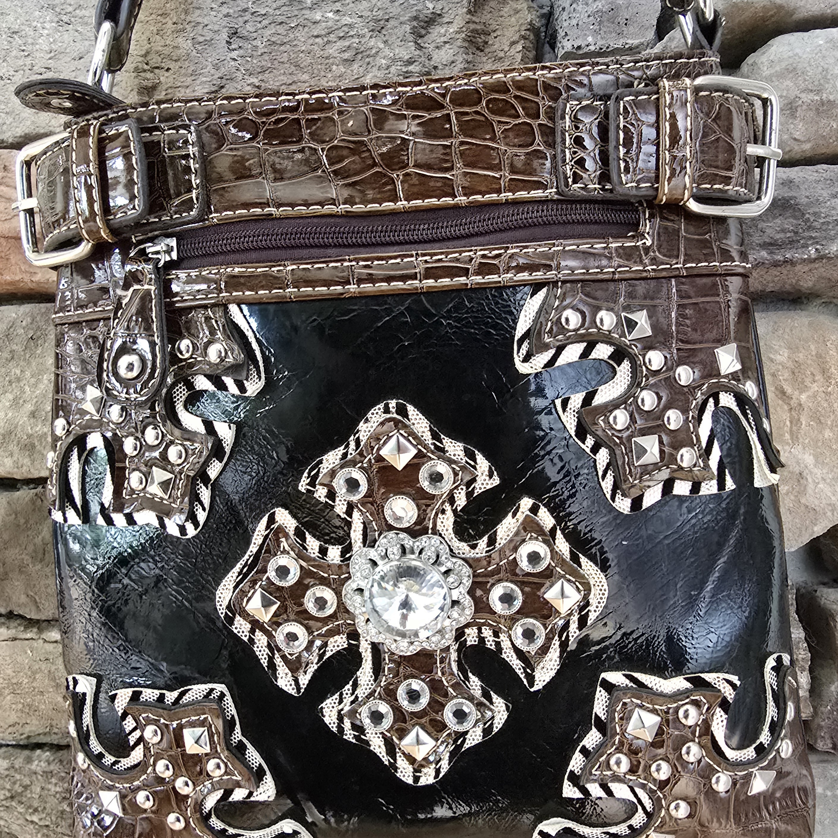 Gorgeous Vintage Black & Brown Alligator Patent Leather Bag Used Twice Nice!!!!!